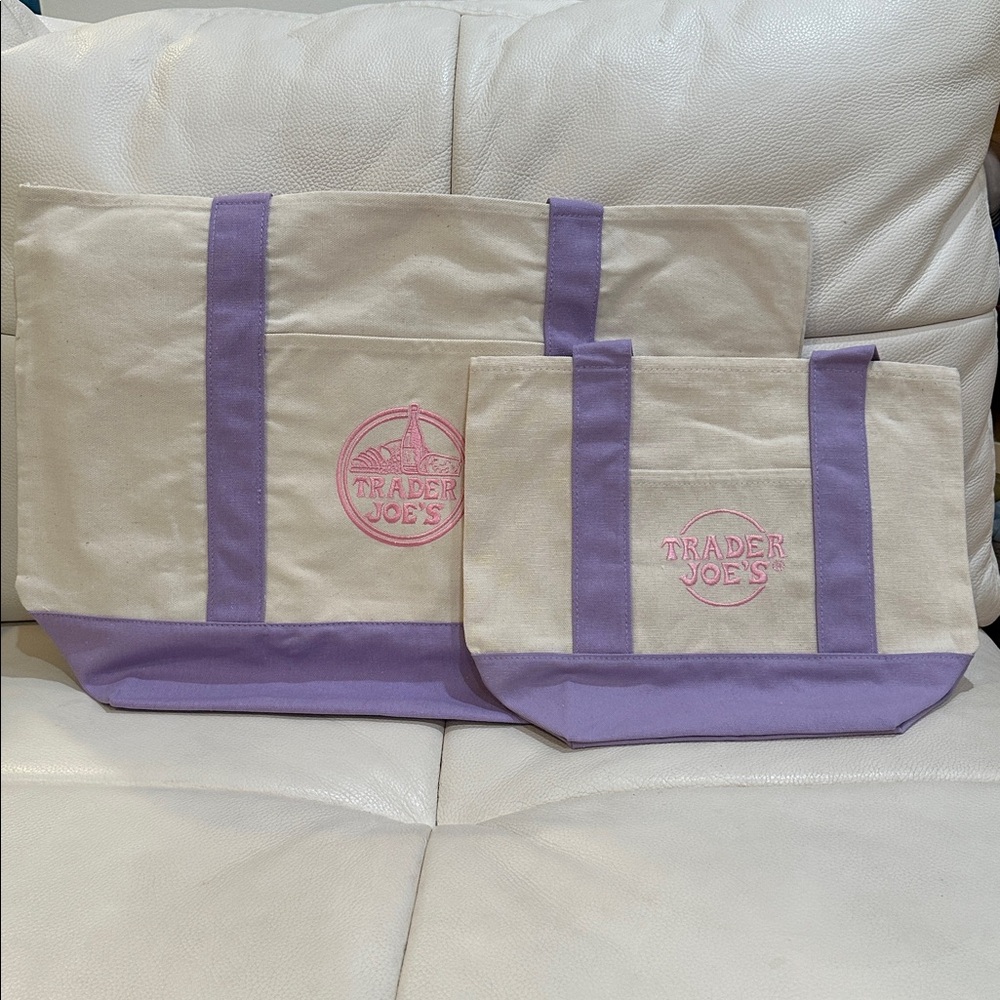 Trader Joe's Pastel Canvas Tote Bags in Lavender & Pink Logo Large & Mini Bundle